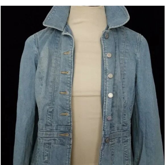 Ann Taylor Loft Blue Distressed Denim Jacket, Size 12 - Picture 4 of 5